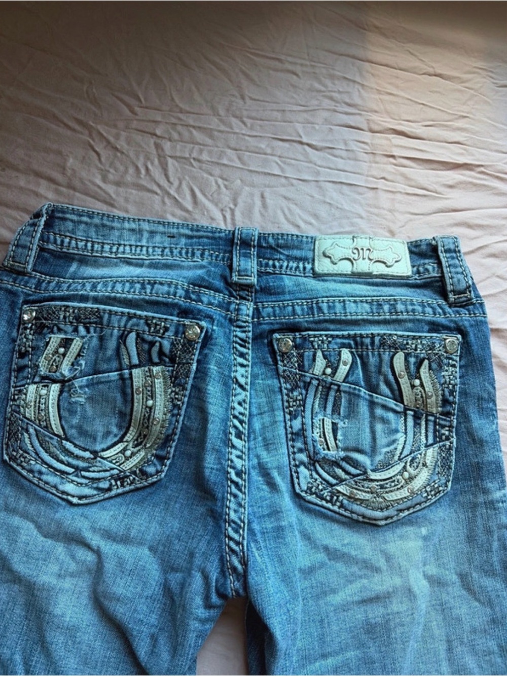 Miss Me Women's Medium Blue Boot Cut Jeans with Embroidered Back Pockets